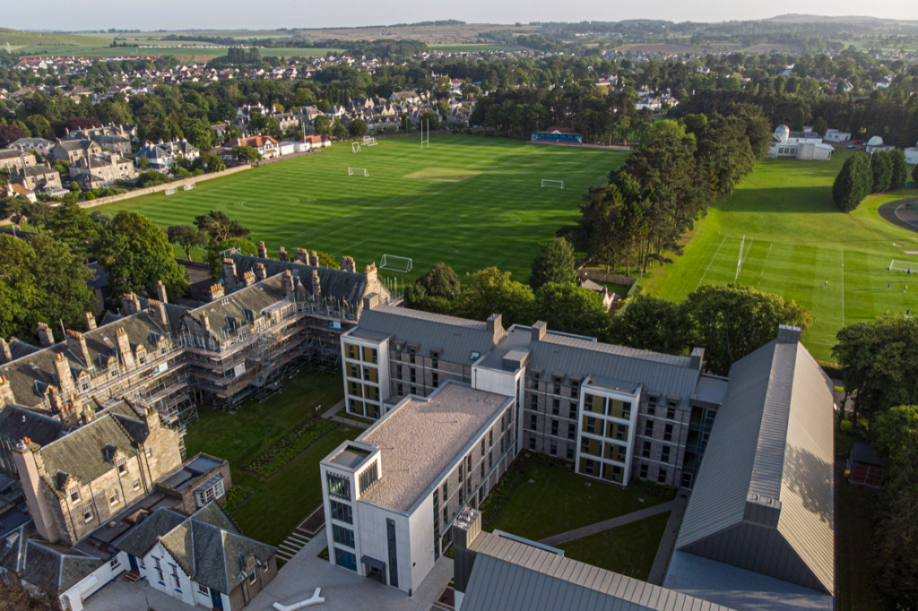 View across Carnegie Fields from Whitehorn Hall taken with drone