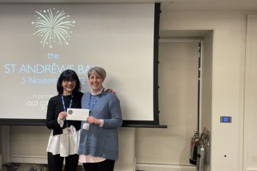 Nursery Manager Anja Copland and Assistant Director (Children's Services) Claire Scott accepting their cheque from the St Andrews Ball Committee