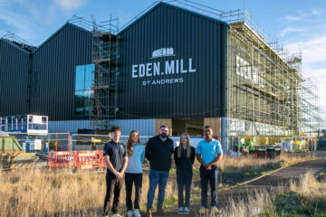 Golf scholars Judd Sundelson, Emilie Knai, Izzy Hurrion and Ethan Mangum with Euan Kinninmonth, Brand Homes Manager at Eden Mill (centre).